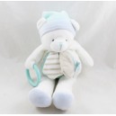 Doudou puppet bear BABY NAT' Les Layettes blue white pouët ring 29 cm
