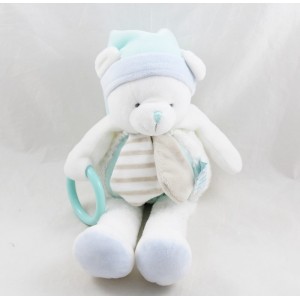 Doudou puppet bear BABY NAT' Les Layettes blue white pouët ring 29 cm