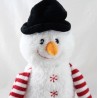 Peluche bonhomme de neige chapeau haut de forme bras jambes rayés rouge blanc 34 cm
