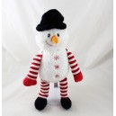 Peluche bonhomme de neige chapeau haut de forme bras jambes rayés rouge blanc 34 cm