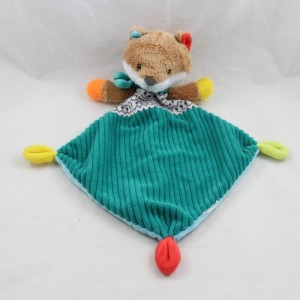 Flat cuddly toy fox MOTS D'ENFANTS lozenge Leclerc scarf green yellow orange 30 cm