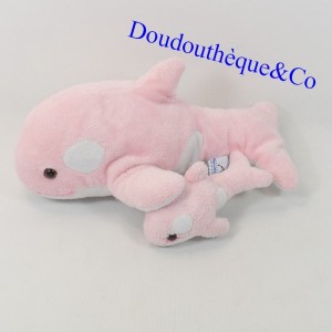 Orca de felpa MARINELAND rosa y blanco y su bebé