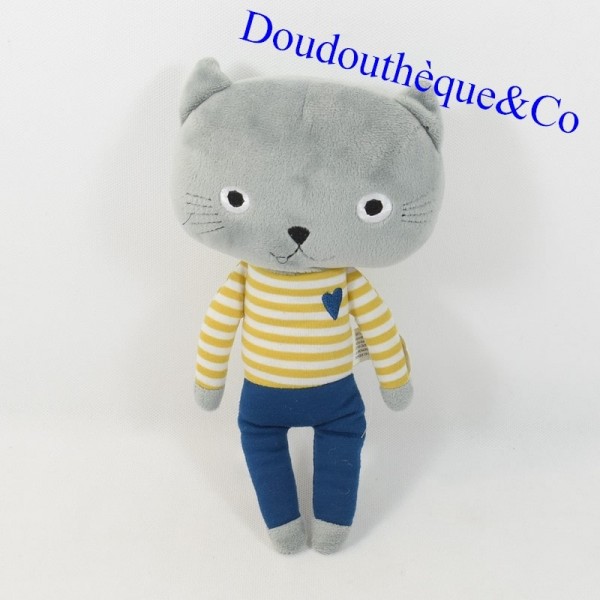 Peluche chat MONOPRIX gar on coeur bleu t shirt ray 28 cm SOS do