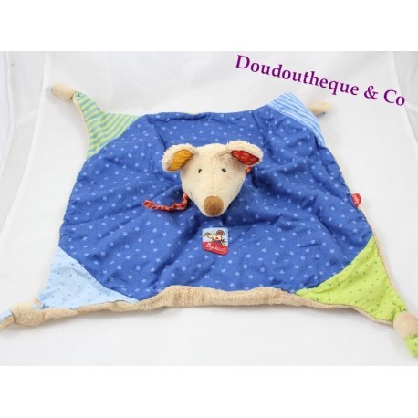 Doudou plat souris SIGIKID bleu étoiles vert pois noeuds 40 cm