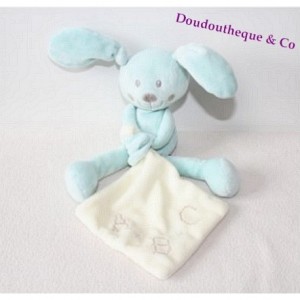 Doudou mouchoir lapin POMMETTE bleu blanc ABC 35 cm