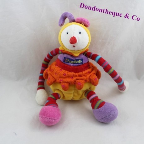 Peluche clown MOULIN ROTY Dragobert jaune rouge grelot 21 cm