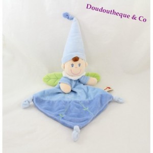 Doudou plat garçon lutin NICOTOY bleu ailes vertes feuilles