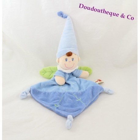 Doudou plat garçon lutin NICOTOY bleu ailes vertes feuilles