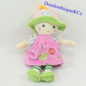 Plush doll QUE DU BONHEUR dress pink green hat 31 cm