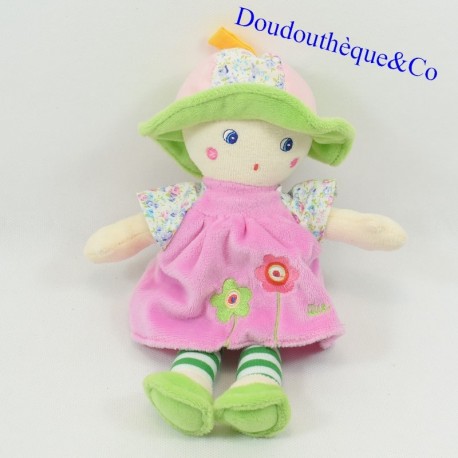 Bambola di peluche QUE DU BONHEUR abito rosa cappello verde 31 cm