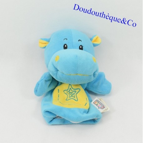 Doudou marionnette hippopotame JEUX2MOMES jaune et bleu étoile 20 cm