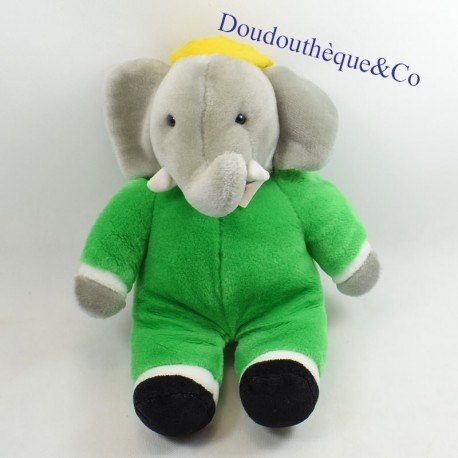 Peluche Doudou Elephant BABAR Gris vert AJENA NOUNOURS 34 cm