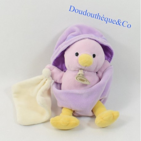 Doudou Poussin BABY NAT' mouchoir beige coquille violette 18 cm