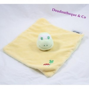 Doudou plat grenouille INFLUX carré jaune champignon trèfle Cora 23 cm