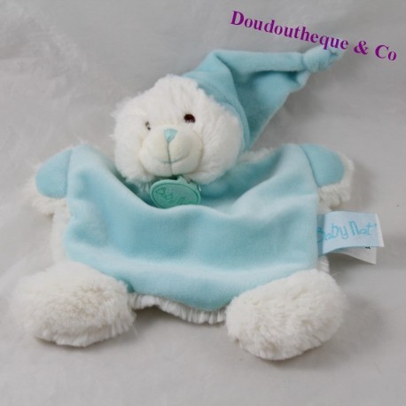 Doudou flat bear BABY NAT' The white turquoise blue hugs 17 cm