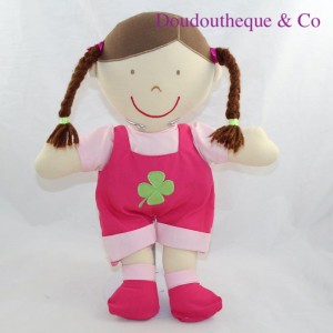 Plüschbrauner Puppenoverall rosa Klee grün