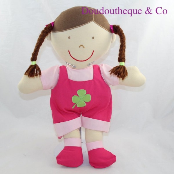 Plush brown doll overalls pink clover green 34 cm - SOS doudou