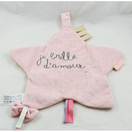 Doudou flacher Stern CAD Ich glänze mit Liebe orange rosa Etiketten 35 cm