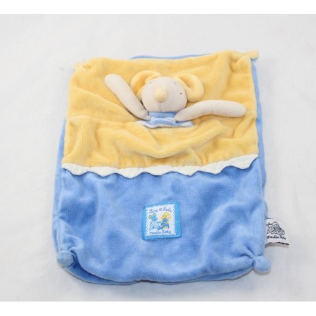 Doudou plat souris MOULIN ROTY Lise et Lulu bleu jaune rectangle