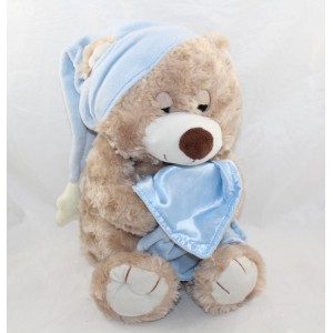Plush bear TOYS'R'US beige hat and sleeping blue blanket 37 cm