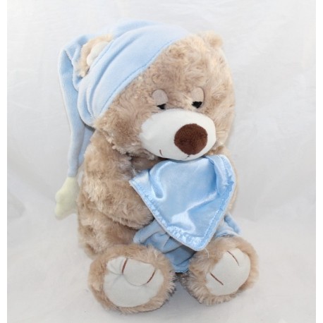 Peluche ours TOYS'R'US beige bonnet et couverture bleu endormi 37 cm