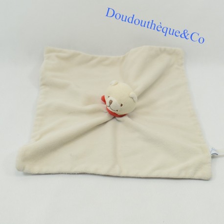 Doudou plat ours JACADI beige foulard rouge 28 cm