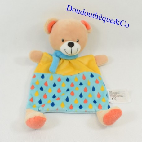 Doudou Plattbär VERTBAUDET blaue und gelbe Wassertropfen 30 cm