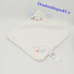 Doudou ratón plano TEX CARREFOUR Made with Love blanco azul 30 cm