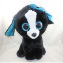 Grande peluche chien TY noir et bleu gros yeux brillants noeud bleu pailleté 44 cm