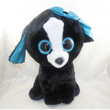 Large plush dog TY black and blue big eyes shiny knot blue glittery 44 cm