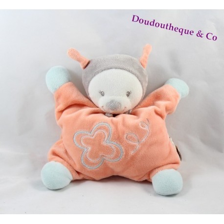 Doudou semi plat abeille NATTOU Bubbles orange bleu grelot 24 cm