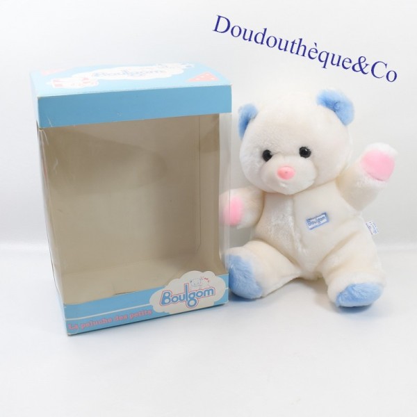 Peluche ours BOULGOM bleu blanc vintage nez rose 30 cm NEUF SOS d