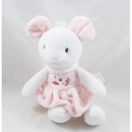 Peluche souris TEX rose rose blanc oiseau brodé Carrefour 19 cm