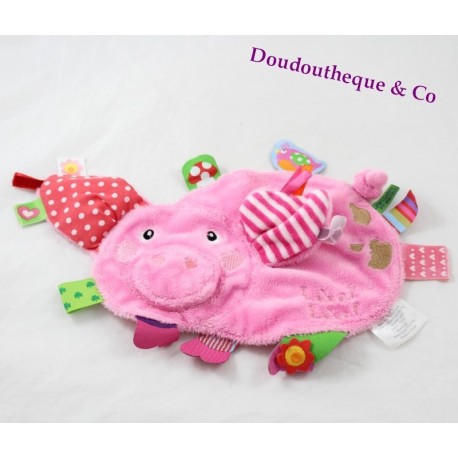 Flaches Kuscheltier Schwein LABEL pink mit mehrfarbigen Etiketten 27 cm