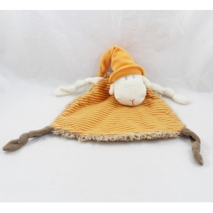 Doudou plat mouton CREDIT AGRICOLE bonnet orange beige rayé 25 cm15 cm