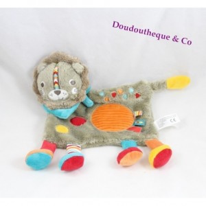 Doudou plat lion SIMBA TOYS gris cercle orange bandana bleu Nicotoy