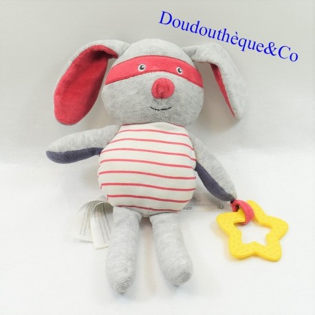 Plush Rabbit TAPE A L'ŒIL Red mask ring teething yellow Grelot 25 cm Plush Rabbit TAPE A L'ŒIL Red mask ring teething yellow Grelot 25 cm