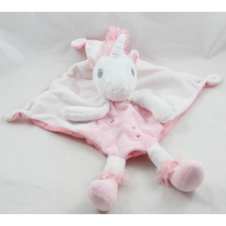 Doudou plat licorne TEX BABY blanc rose broderie coeur étoiles 38 cm