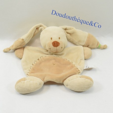 Doudou plat lapin NICOTOY Bastien croix brodées marron beige 20 cm