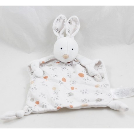 Doudou plat lapin Grain de blé velours et tissus imprimé têtes de lapin 27 cm