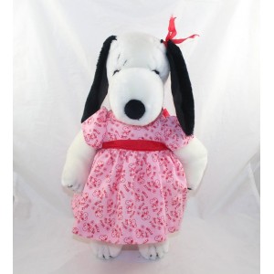 Peluche Belle PEANUTS chien Snoopy robe rose 1968 vintage 40 cm