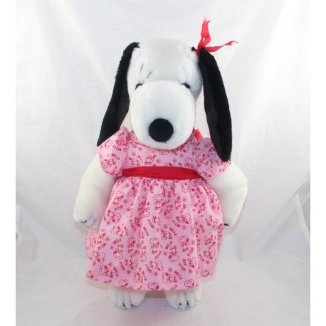 Peluche Belle PEANUTS chien Snoopy robe rose 1968 vintage 40 cm