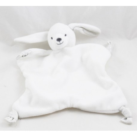 White rabbit flat cuddly toy with 4 knotted corners glittery gray 26 cm