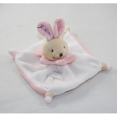 Doudou coniglio piatto DOUDOU E COMPAGNY mini collo bianco rosa ricamo orecchio ricamo 15 cm