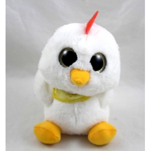 Peluche petit coq gros yeux brillants blanc avec bandana jaune 16 cm