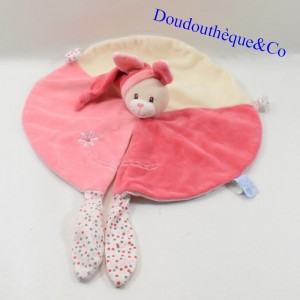 Doudou flat rabbit GIPSY round pink white flower embroidered 30 cm