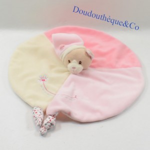 Doudou flat cat GIPSY round pink white flower embroidered 30 cm