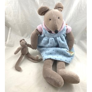 Plüsch Nini die Maus MOULIN ROTY mit Babymaus Die große Familie blaues Kleid 50 cm