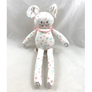 Doudou ratón SMALL BOAT estampado fresas hojas cuello rosa telas blancas 28 cm