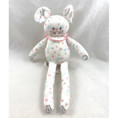 Doudou Maus SMALL BOAT bedruckte Erdbeeren Blätter Kragen rosa weiß Stoffe 28 cm Doudou Maus SMALL BOAT bedruckte Erdbeeren Blätter Kragen rosa weiß Stoffe 28 cm
